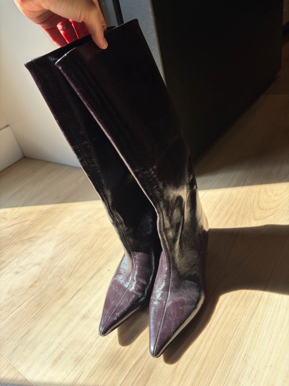 Women's Kitten Heel Pointed-Toe Tall Boots in Deep Plum